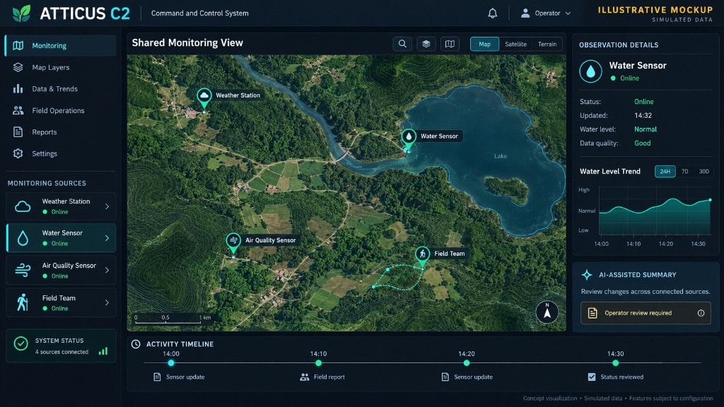 ATTICUS C2 shared monitoring view showing map-centered display with multi-sensor sources, activity timeline, and AI-assisted summary panel